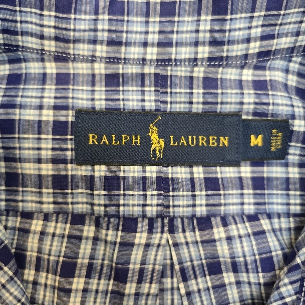 POLO RALPH LAUREN BLUE WHITE NAVY PLAID 💯 cotton Size Medium
